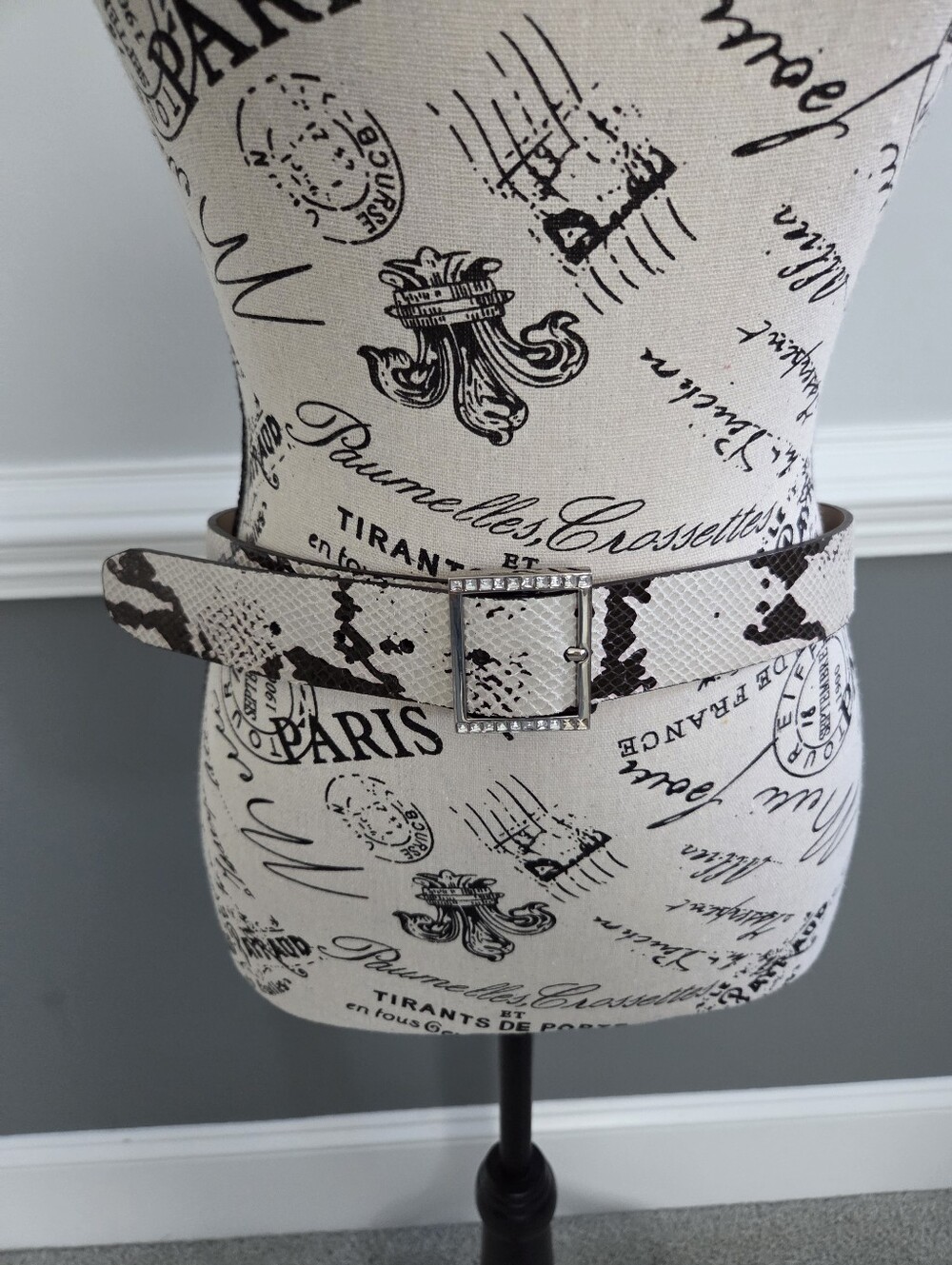 Anne Klein Leather Snakeskin Print Belt With Rhinestone Buckle Detail